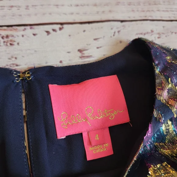 Lilly Pulitzer Dotti Silk Ruffle Dress Floral Metallic Women's 4 - Picture 2 of 7